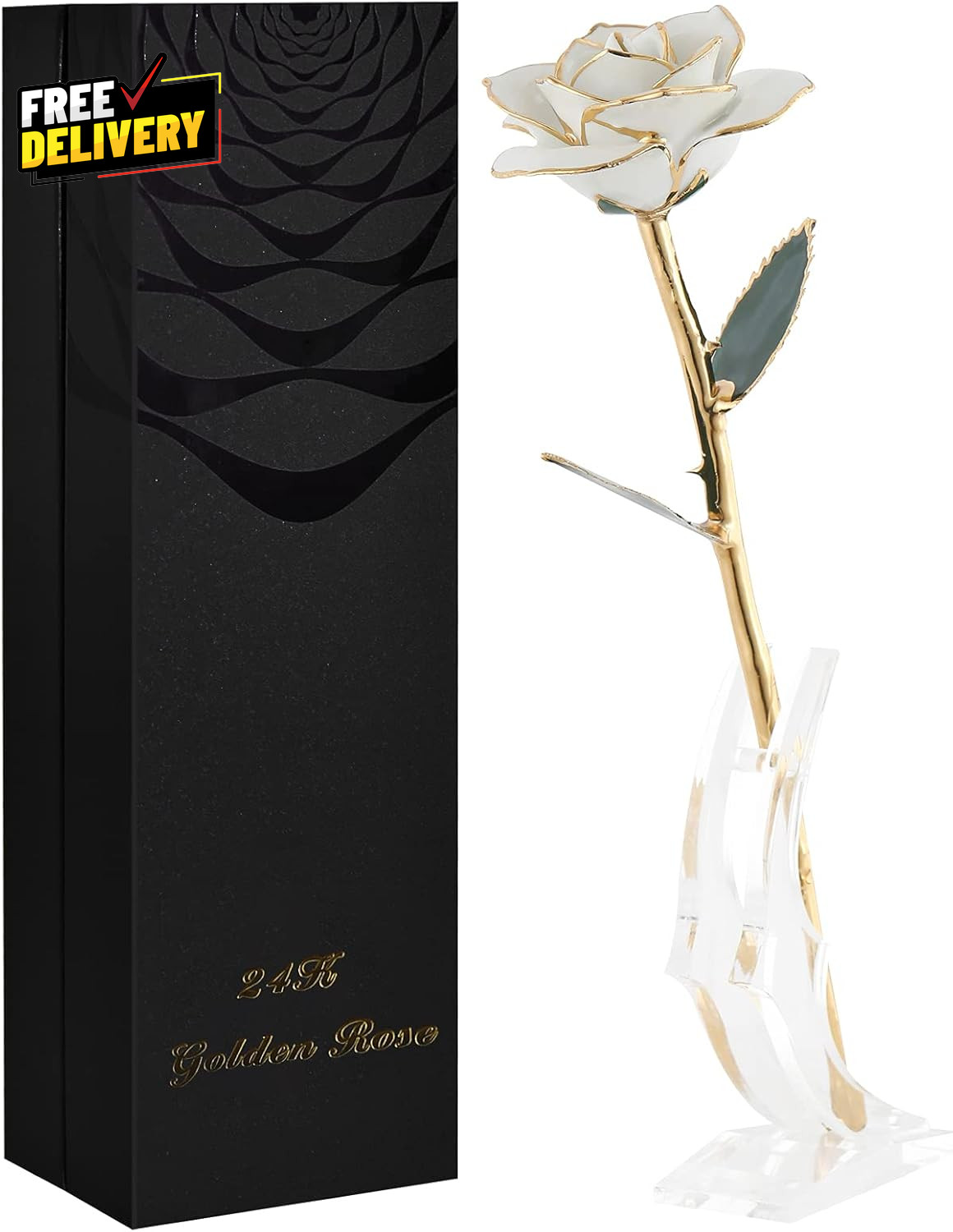 24K Gold Dipped Real Rose Gift w Stand White Gold Rose for Women Forever