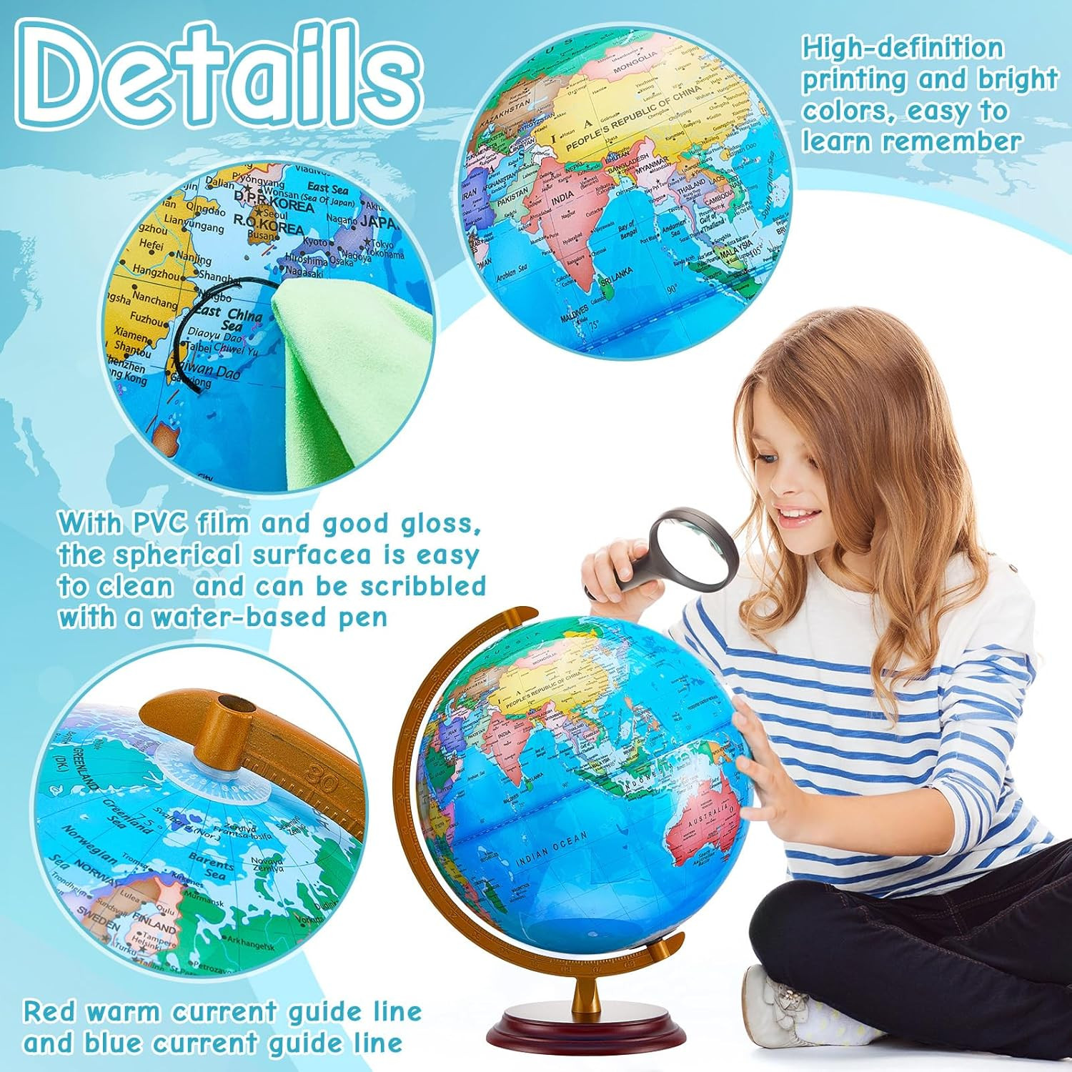 13” Illuminated World Globe for Adults 720°/360° Rotation Rewritable Kids Light