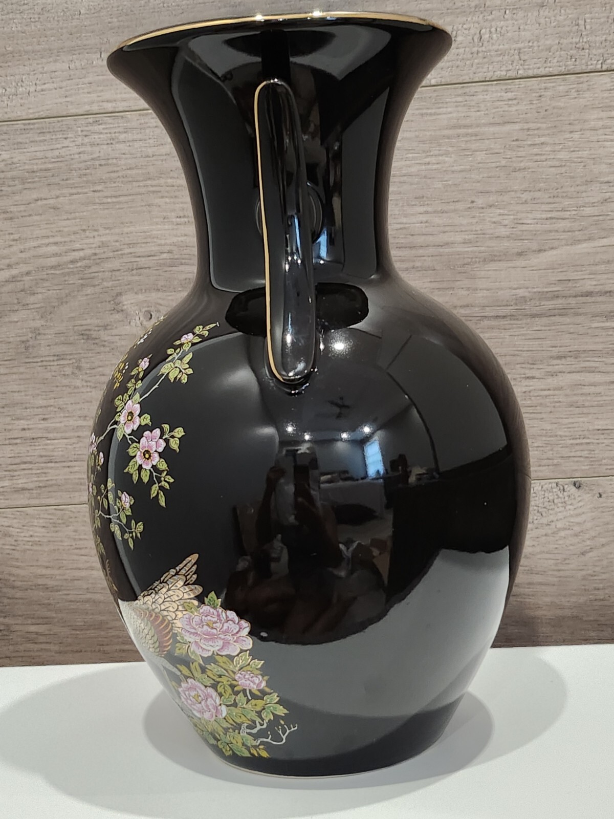Vintage Porcelain Double Handled Asian Vase with Peacock Design Gold Rim 10″