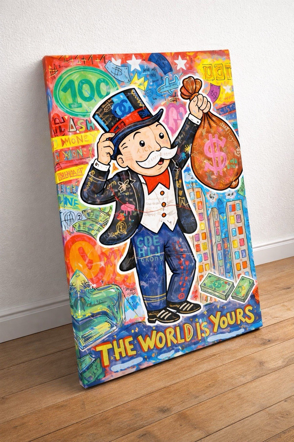 The World Is Yours Monopoly Street Art Canvas – Pop Art Wealth Theme, 24 x 36 in