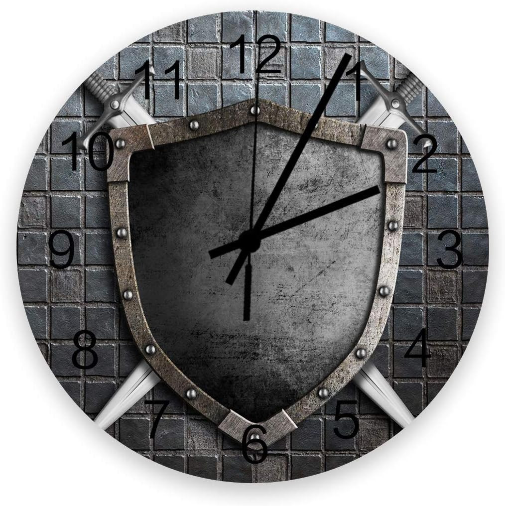 12 Inch Silent round Wooden Wall Clock Medieval Knight Shield Wall Clock, Non Ti