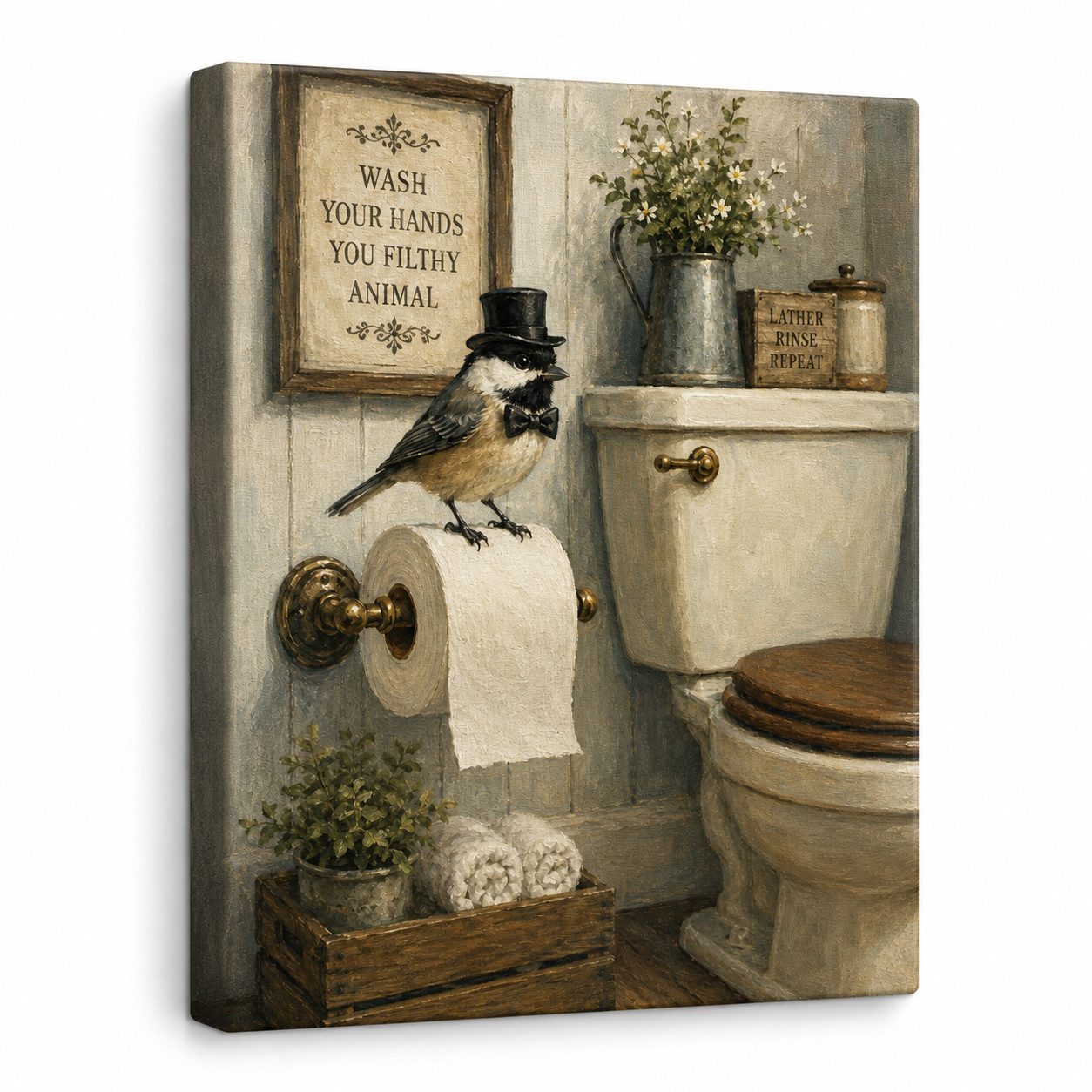 🐦 Funny Bird Bathroom Wall Art – Dapper Chickadee with Top Hat & Bowtie Canvas