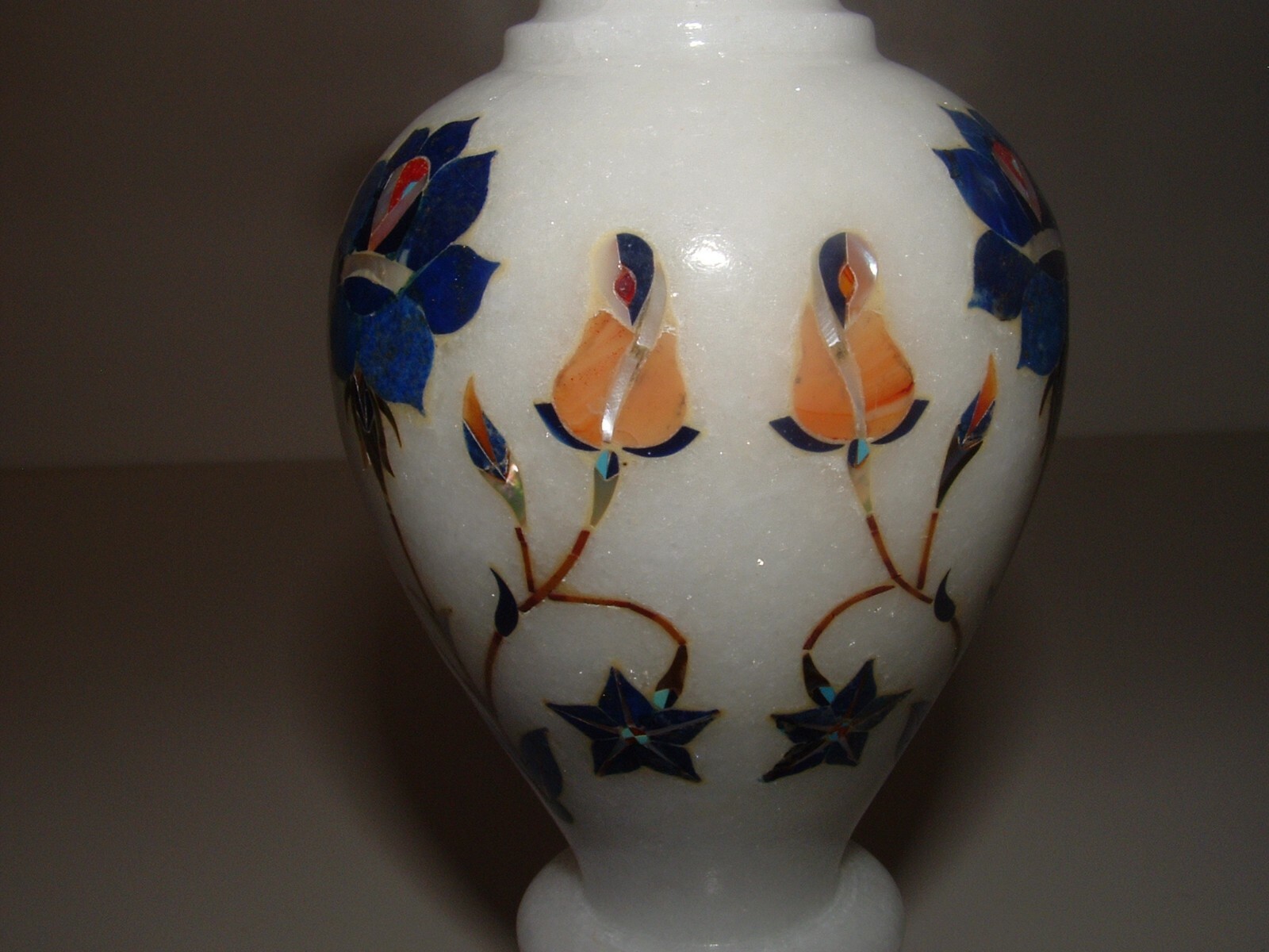 Floral Design Inlay White Marble Type Bud Vase, 8″ Tall, Age Unknown, pre-owned