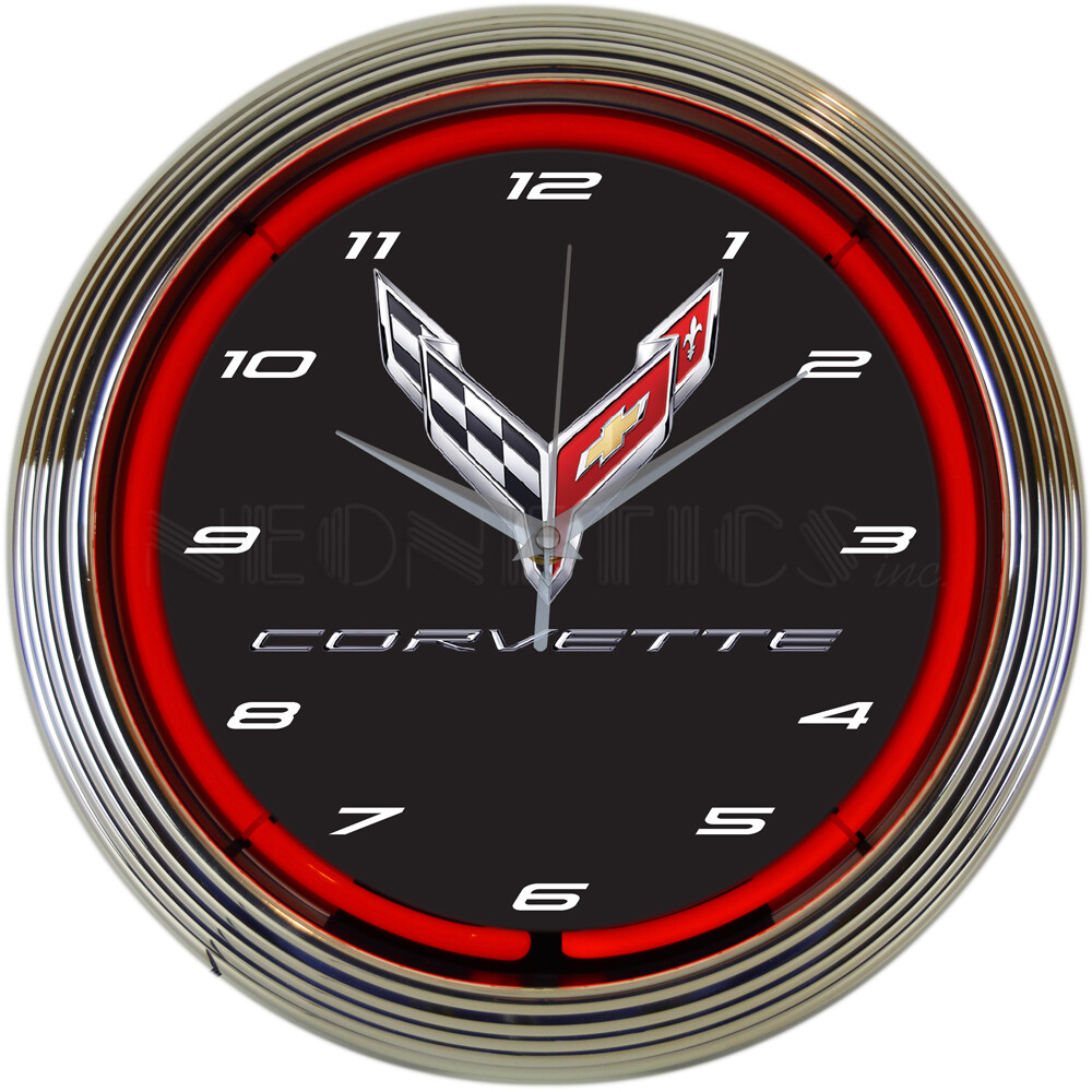Chevrolet Corvette C8 Flags Logo Red Neon Hanging Wall Clock 15″ Diameter 8CORV8