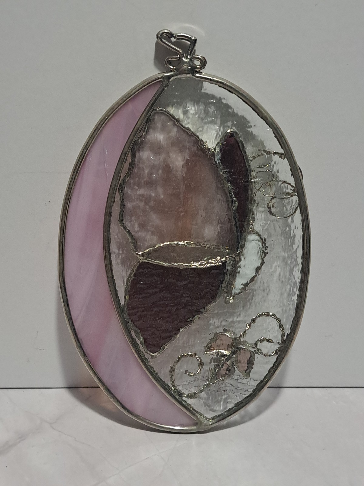 Vintage Stained Glass Butterfly Sun Catcher Pink Purple Cottagecore Whimsy