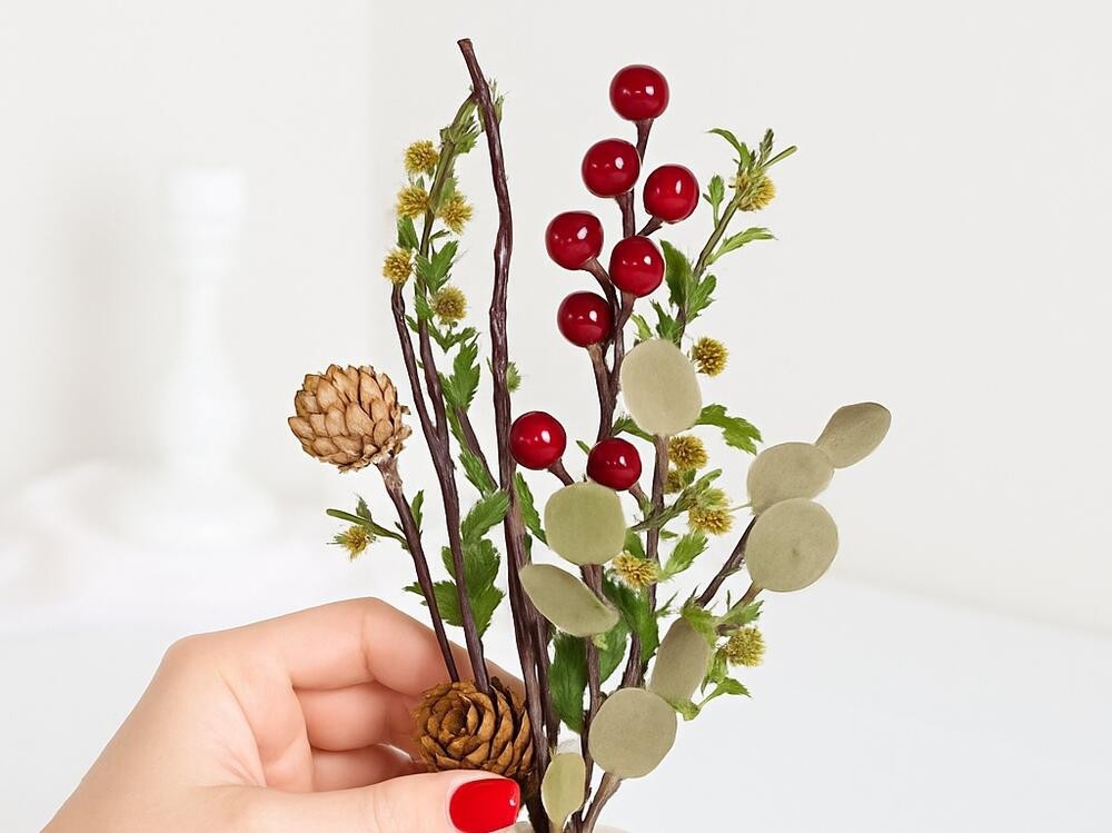 4 Decorative Felt Leaf Eucalyptus and Bright Red Berry Floral Sprays
