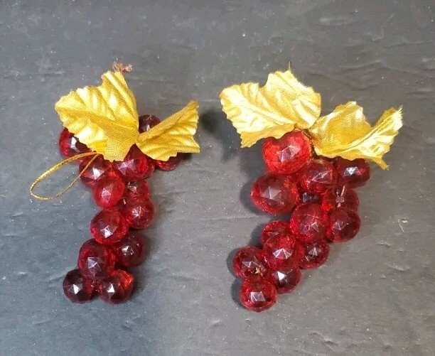 Vintage Acrylic Faceted Set Of 2 Red Grape Cluster Beads 4 Inches