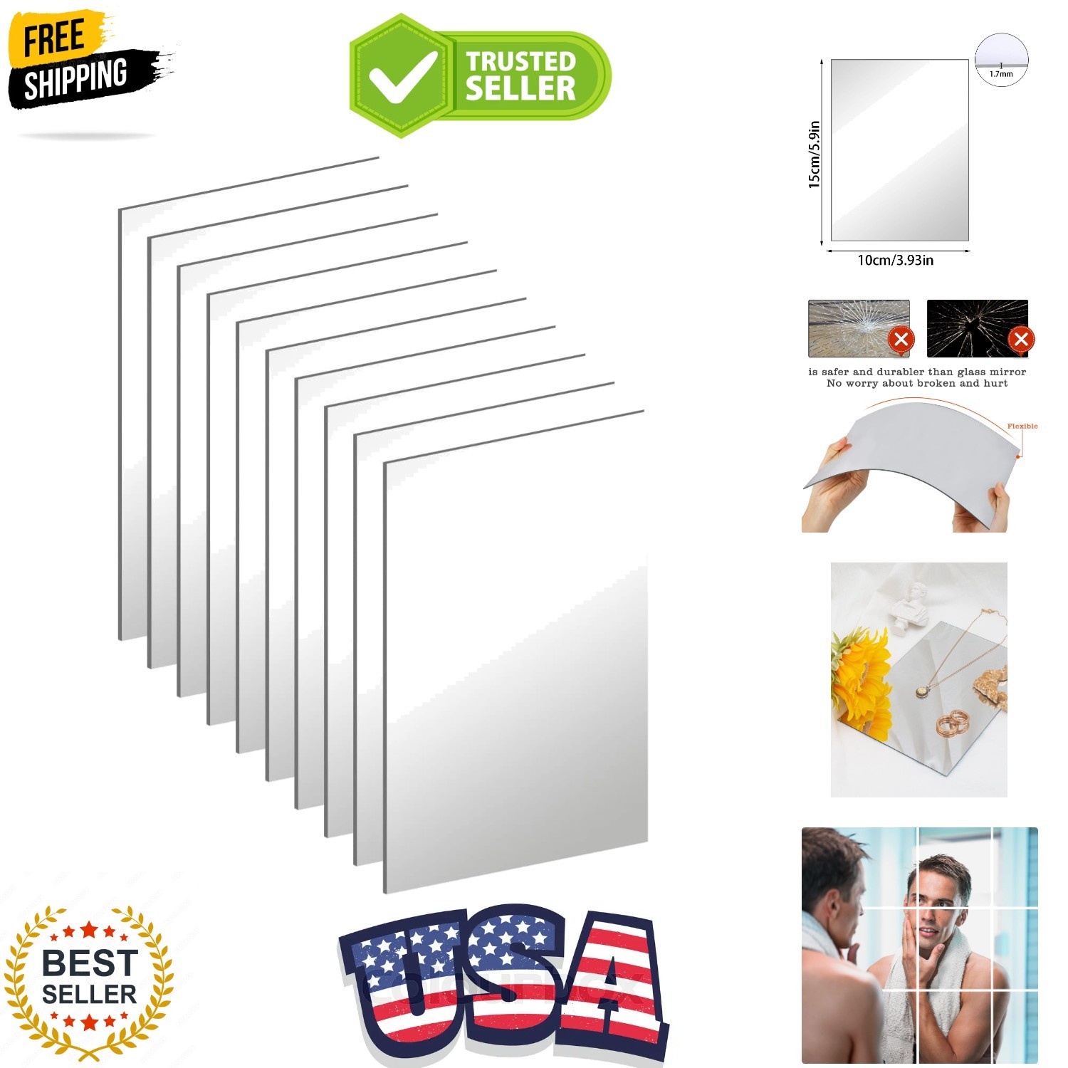 10Pcs Acrylic Mirror Tiles for Wall Decor, 4” x 6” x 0.07” Rectangular Wal…