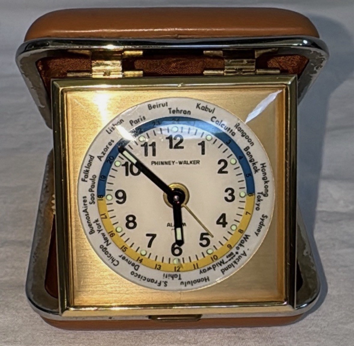 Vintage Phinney-Walker World Travel Alarm Clock Wind Up Glowing Markers Japan
