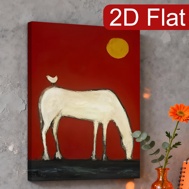 White Horse with Red Background and Bird Canvas Wall Art, Abstract Folk Decor