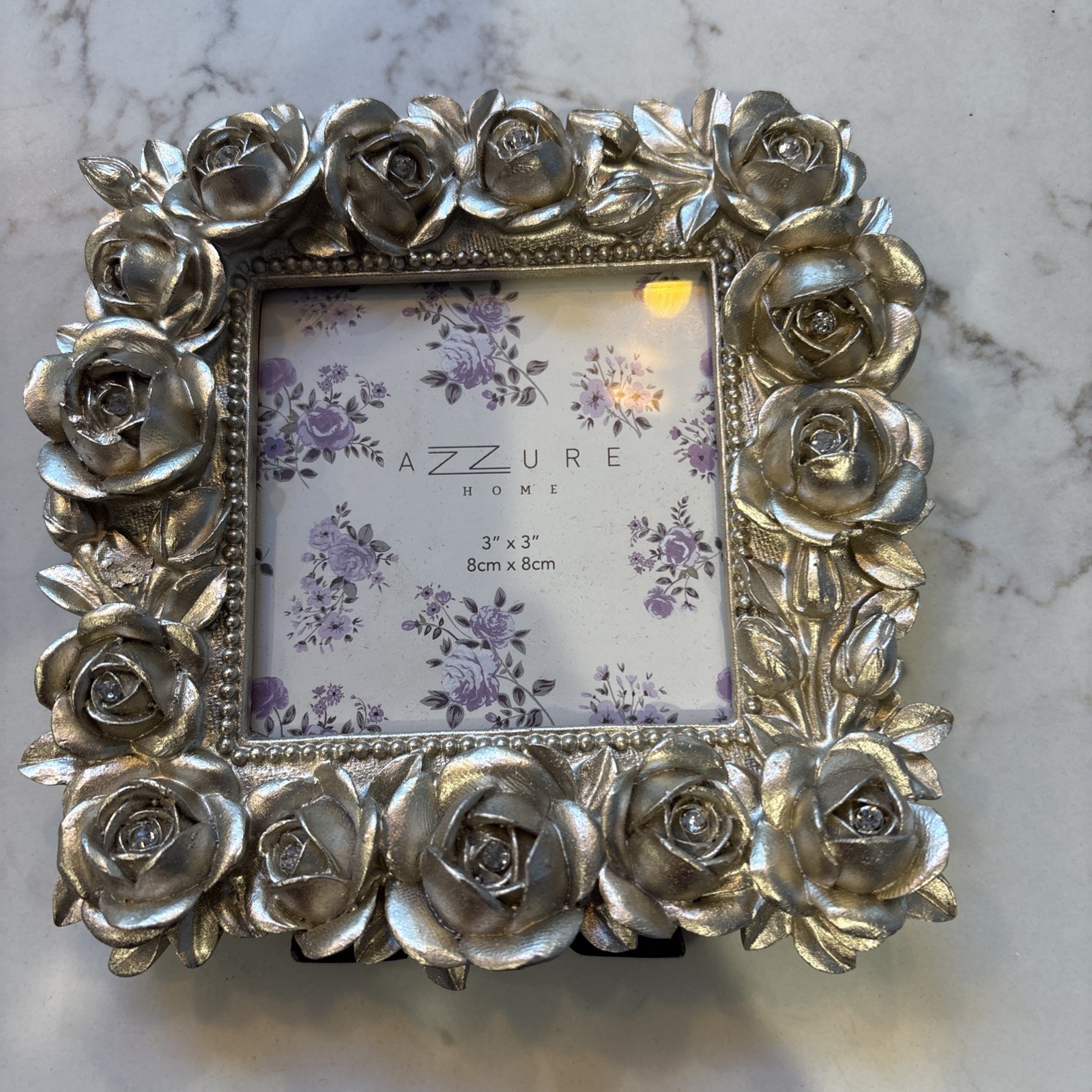 Azzure Home Roses Silver Square 3 x 3” Picture Photo Frame Free Standing NEW