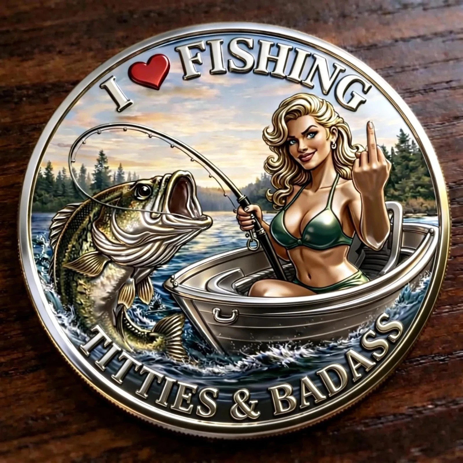 I Love Fishing Badass Gold Coin Funny Girl Angler Challenge Coin