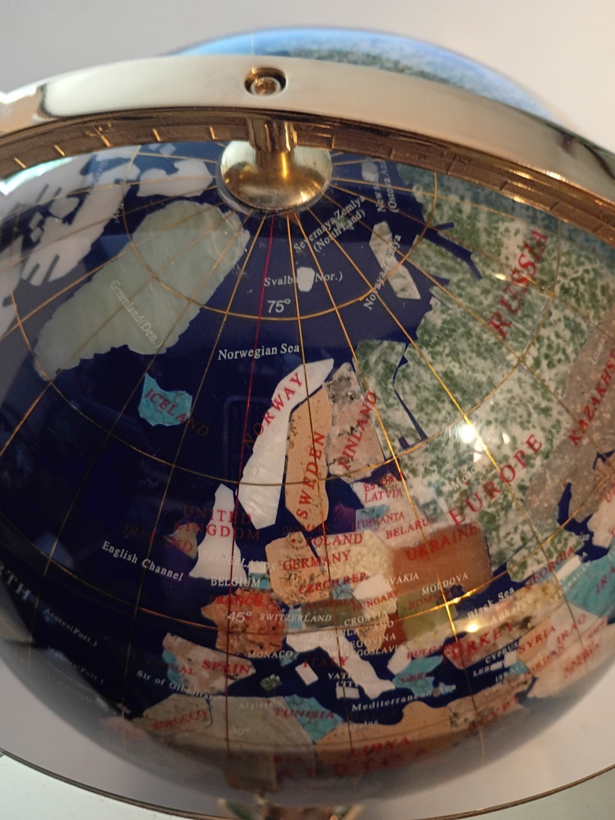 Tabletop Globe Lapis & Semi-Precious Gemstones Brass Stand Compass 10Lb 13.5″ T!