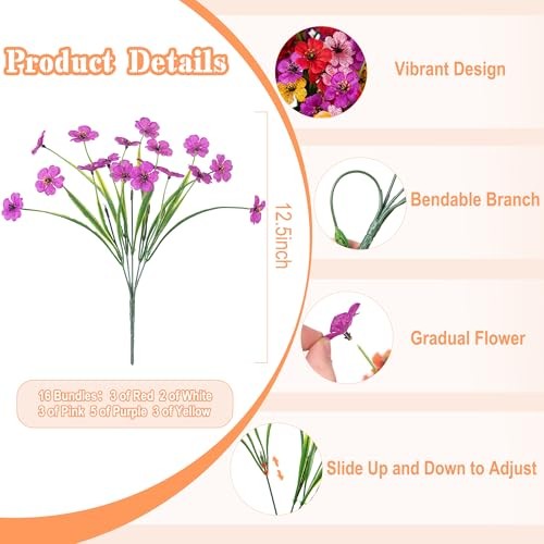 Artificial Fake Flowers 16 Pcs Multicolor（red, White, Pink, Purple, Yellow）