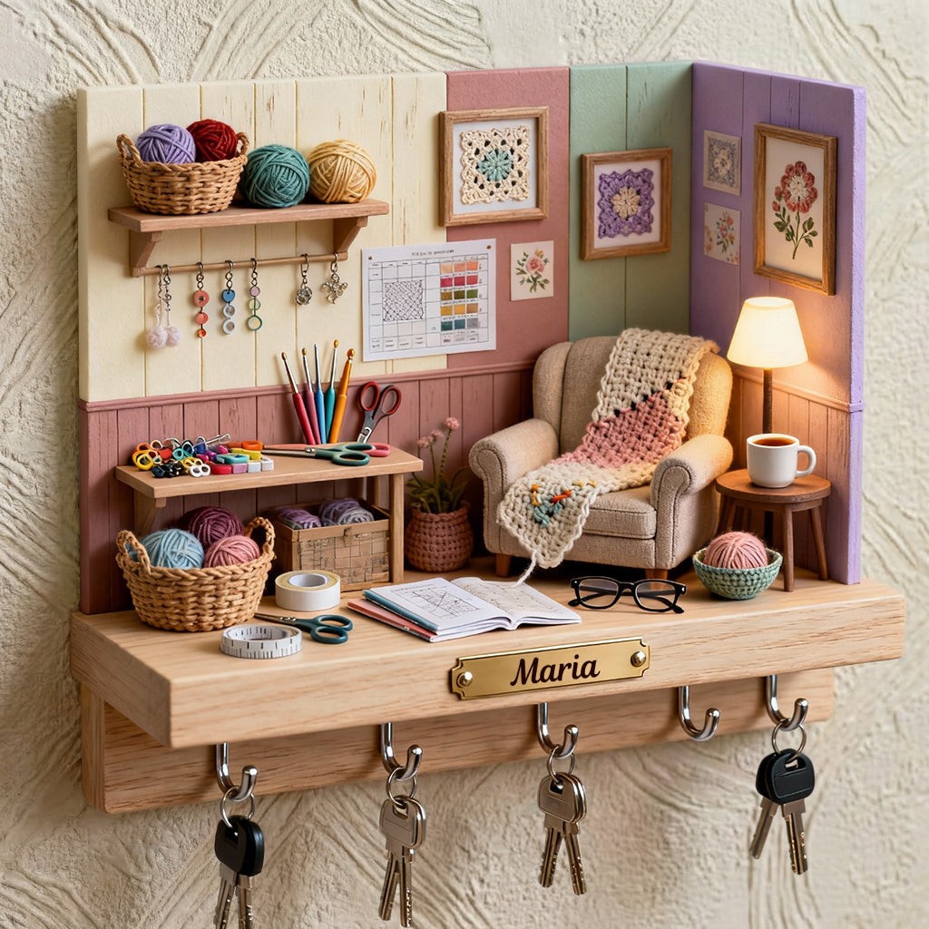 Personalized Crochet Key Holder, Craft Room Wall Hooks Custom Name Decor Gift