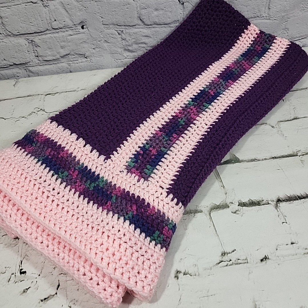 Vintage Handmade Afghan Blanket Pink Purple Striped Grannycore Throw 44″ X 50″