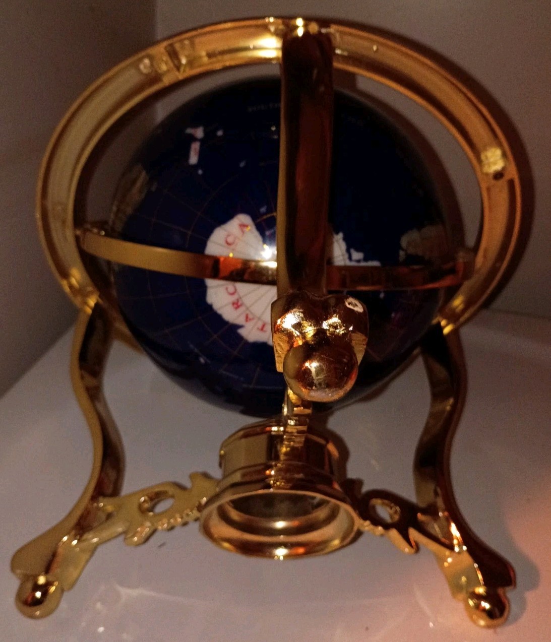 Tabletop Globe Lapis & Semi-Precious Gemstones Brass Stand Compass 10Lb 13.5″ T!