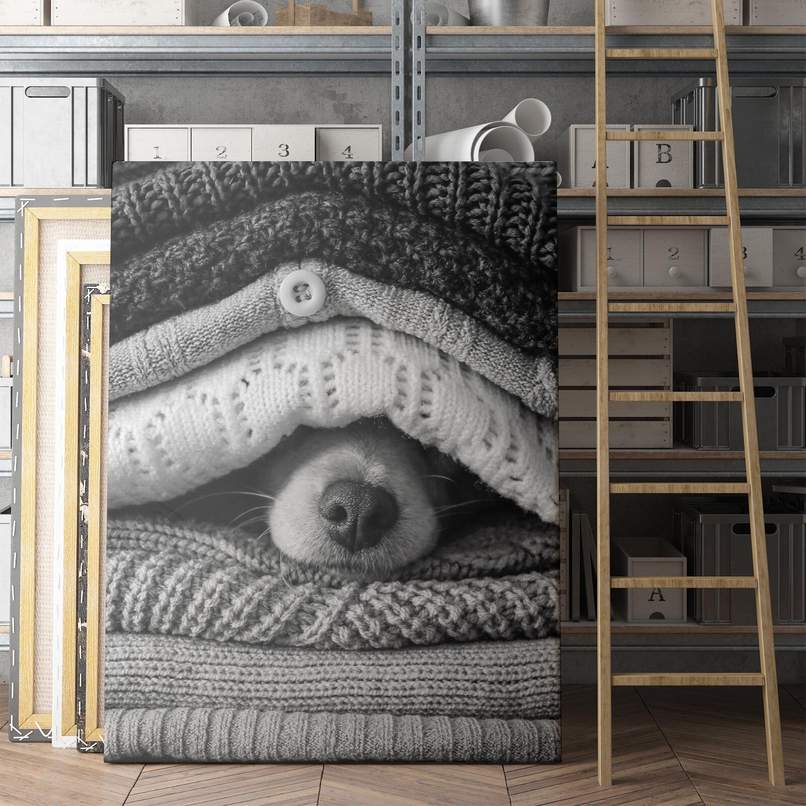 Noses Only – Dog Hiding Between Sweaters Dogs Animals Canvas Print Wall Art