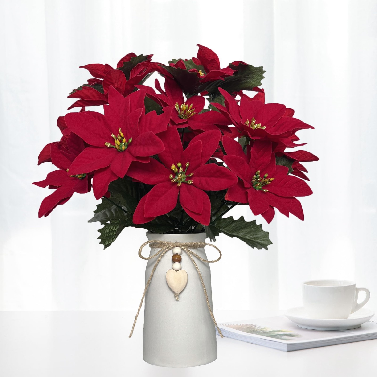 Artificial Red Poinsettia Christmas Flower Arrangement White Vase