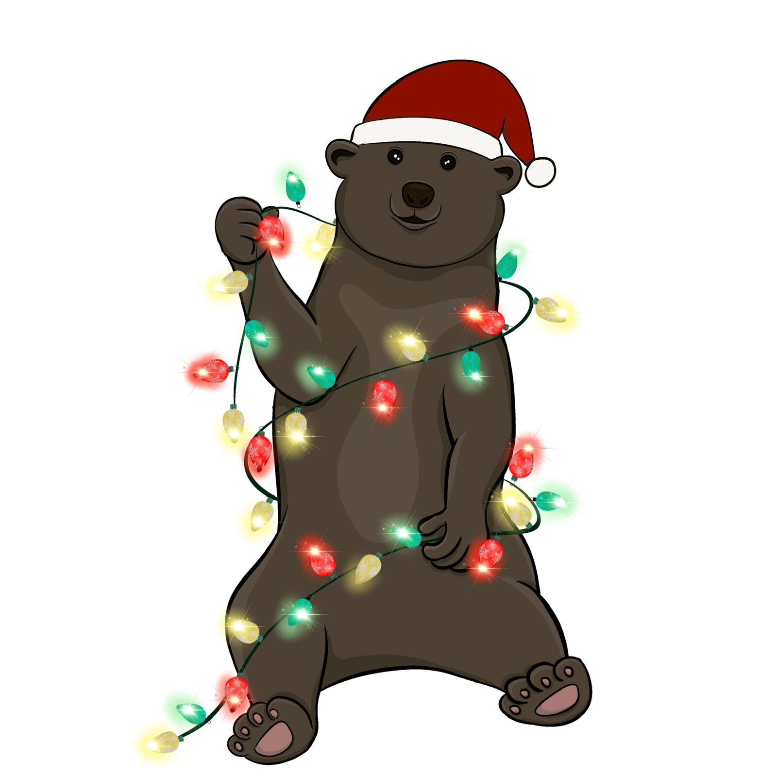 Christmas Bear Sticker Xmas Lights Cub Cute Pet Forest Outdoors Hunt (4 Inch)