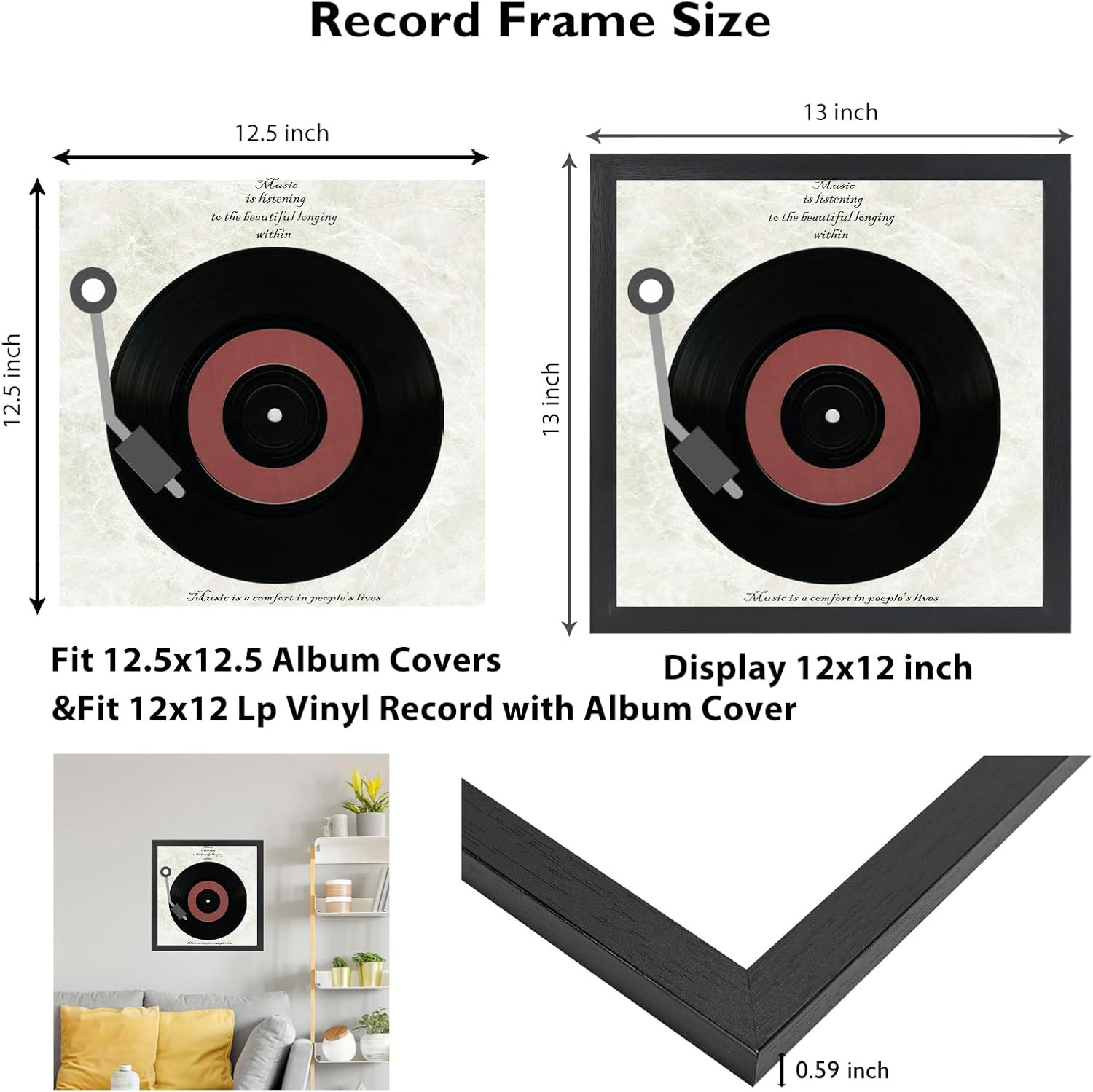 5 Pack Vinyl Record Frames 12×12 LP Album Cover Wall Display 12.5×12.5 Black