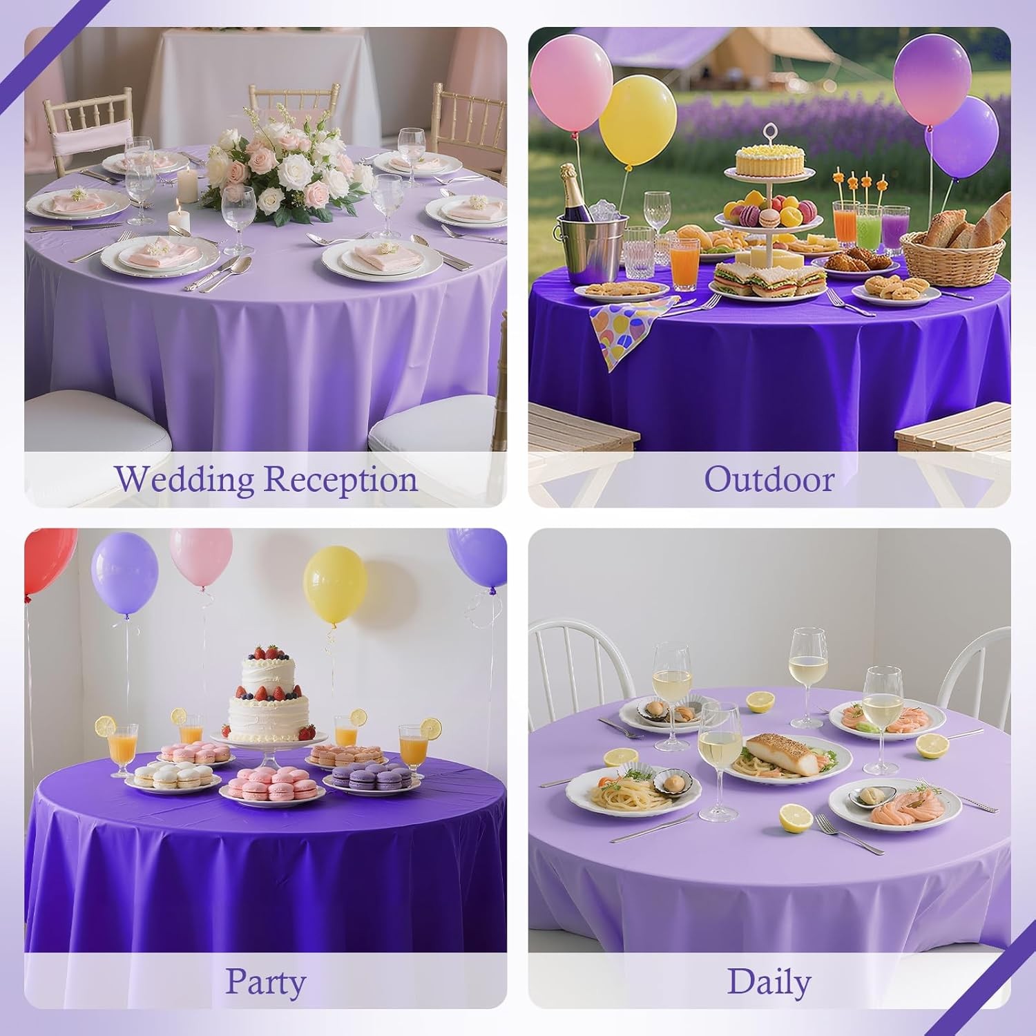 4 Pieces Purple Series Round Tablecloth, 84″ Solid Color Waterproof & Spillproof