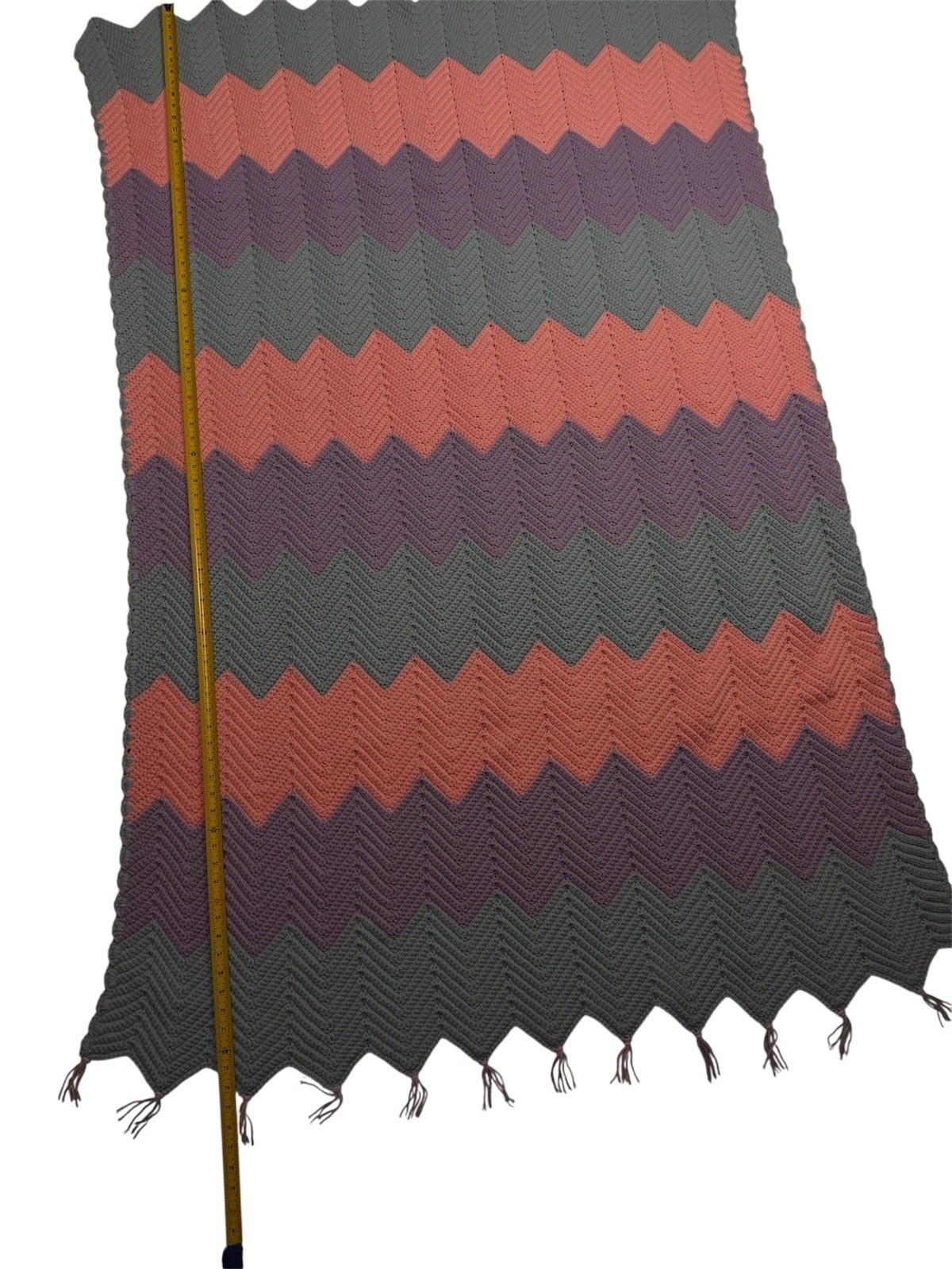 Hand-Crocheted Chevron Afghan – Blue, Pink & Purple Ripple Throw – 49” x 75