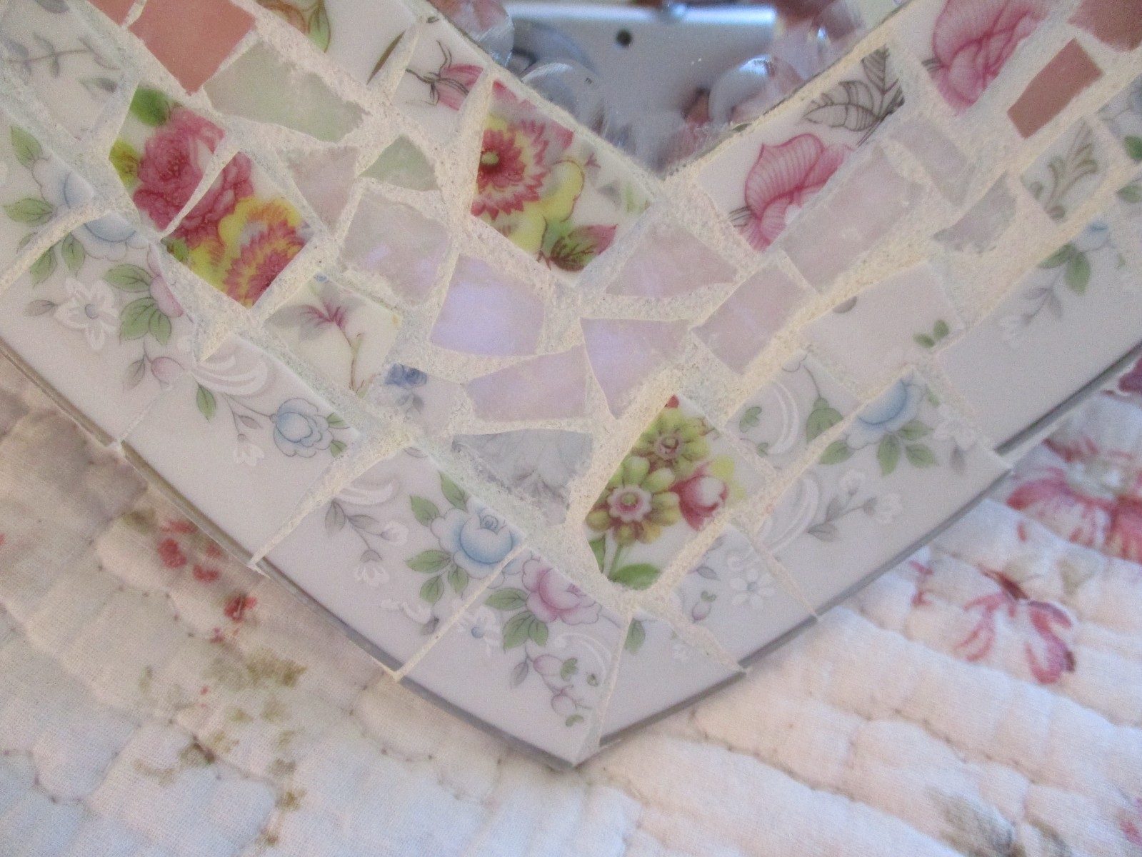Shabby Chic Broken China Mosaic Heart Plaque Mirror