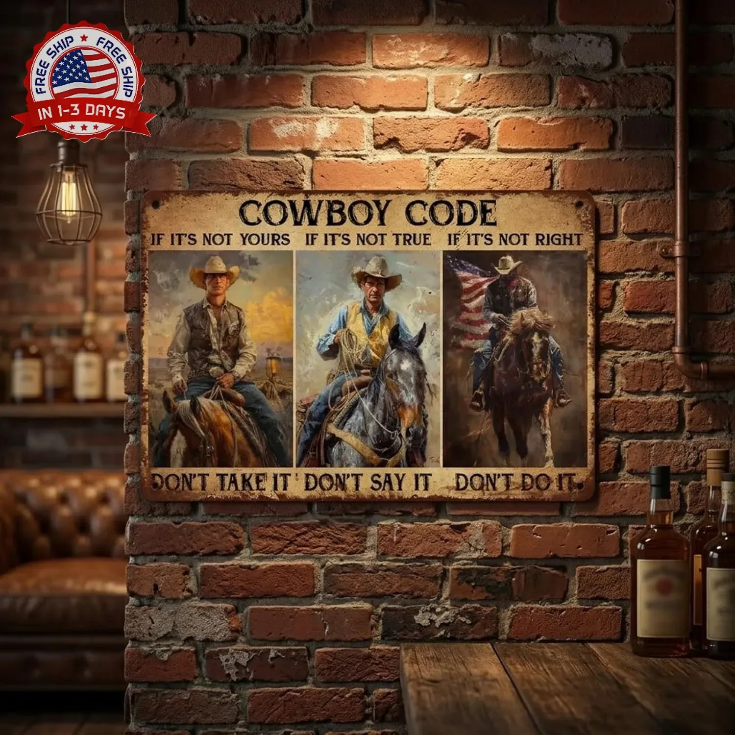 Western Decor Cowboy Code Metal Tin Sign Rustic Vintage Wall Art Gifts For Men D