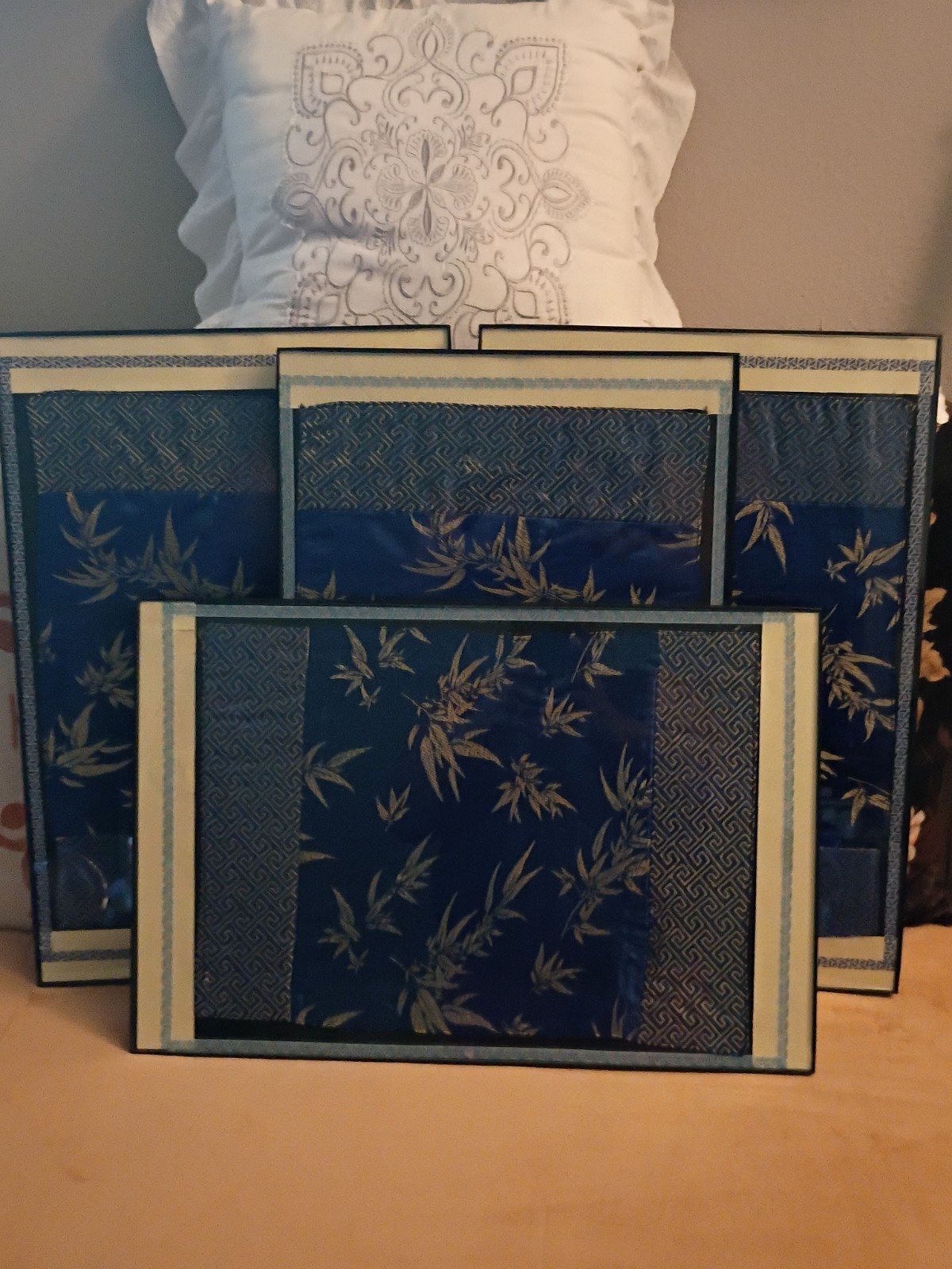 2pc Wallart 12×18 in Front Load Framed Japanese Bamboo silk & Greek Key Fabric