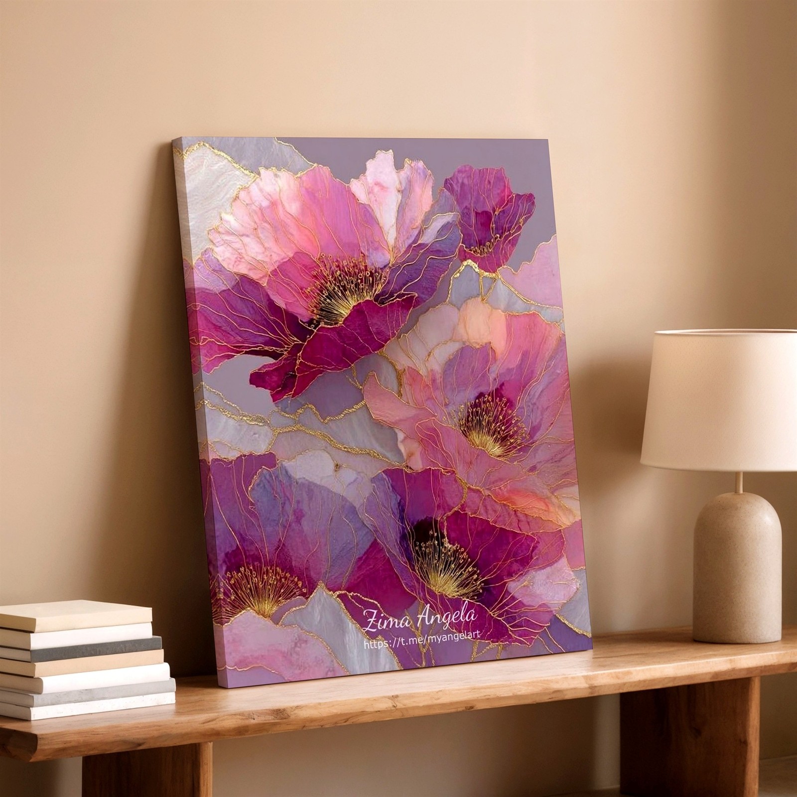 Wall Art Pink Purple Floral Abstract Canvas Print Gold Line Flower Home Decor
