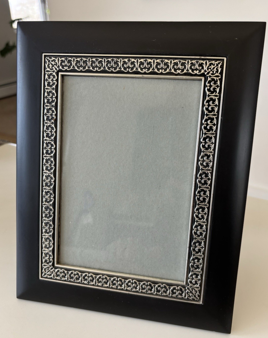 Black Matte Smooth Wood w/Silver Tone Filigree Inset Picture Frame for 5×7 Photo