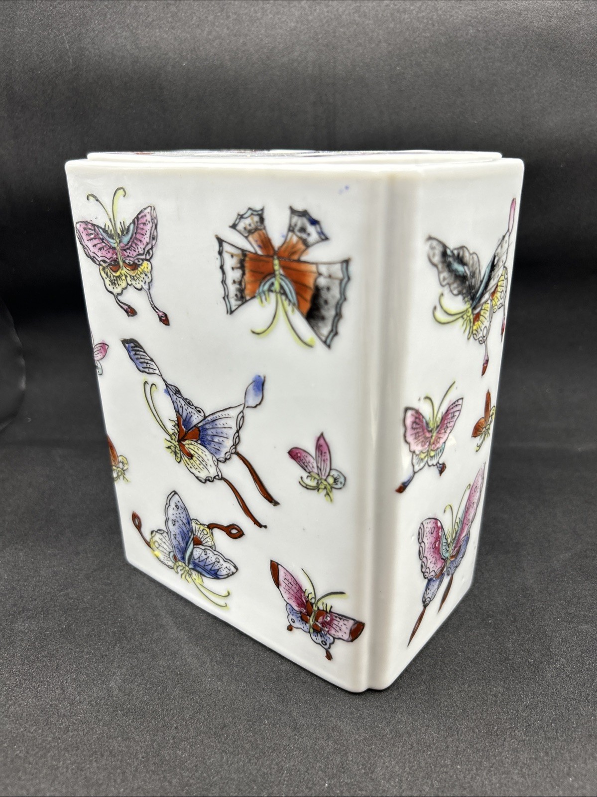 Vintage Porcelain Brick Rectangular Butterfly Vase With Flower Frog Hong Kong