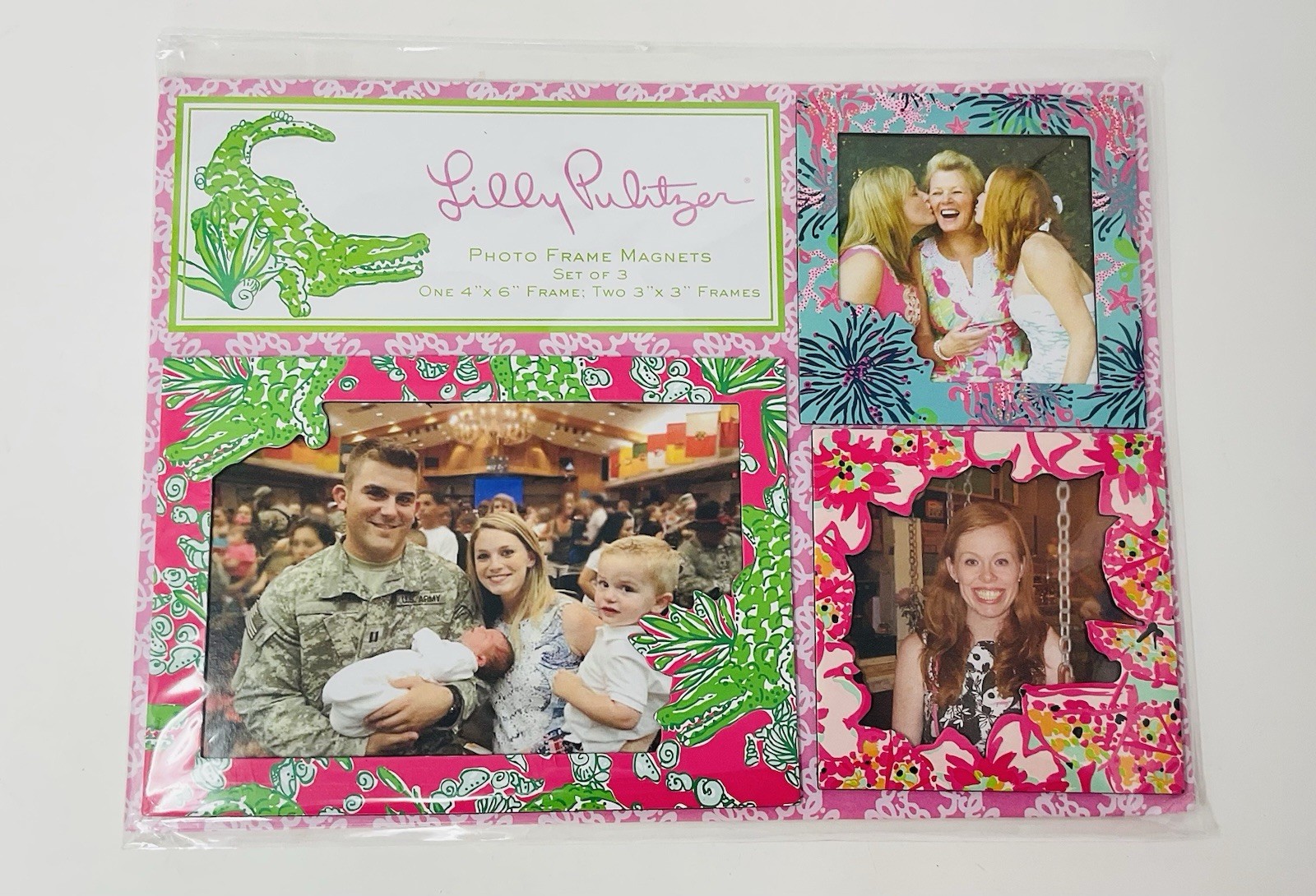 Lilly Pulitzer Picture Frame Magnets (3) 4×6 & 3×3 Pink Green Multi Patterns NIP
