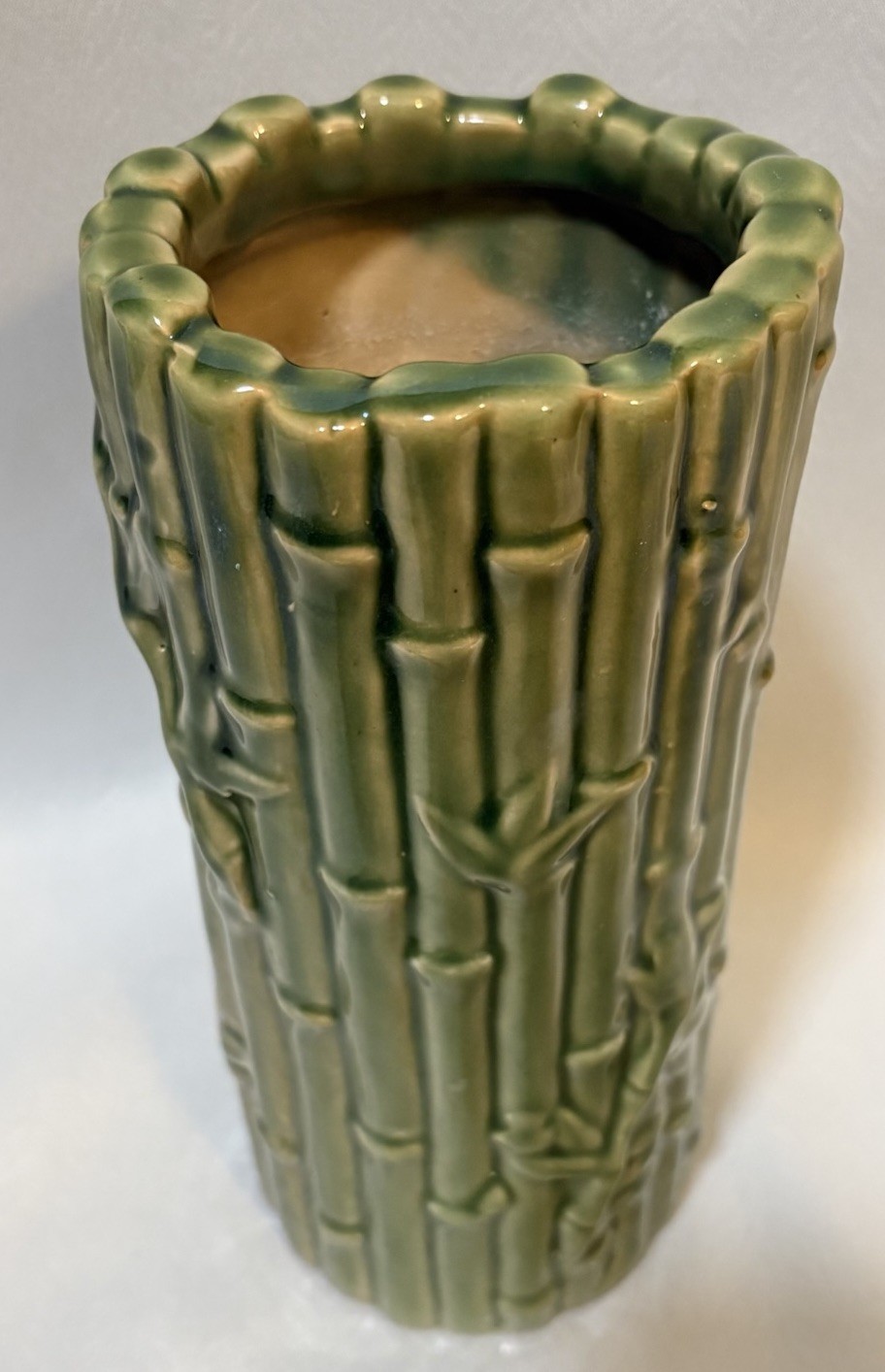 Vintage MCM Bamboo Vase Green Ceramic Tiki Planter Orchids Hawaii Style B-646