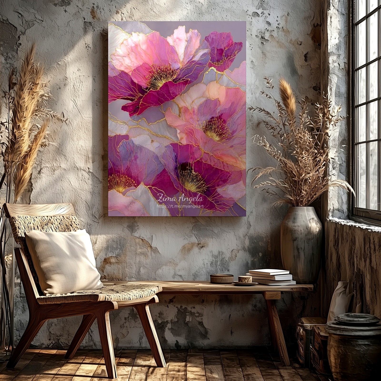 Wall Art Pink Purple Floral Abstract Canvas Print Gold Line Flower Home Decor