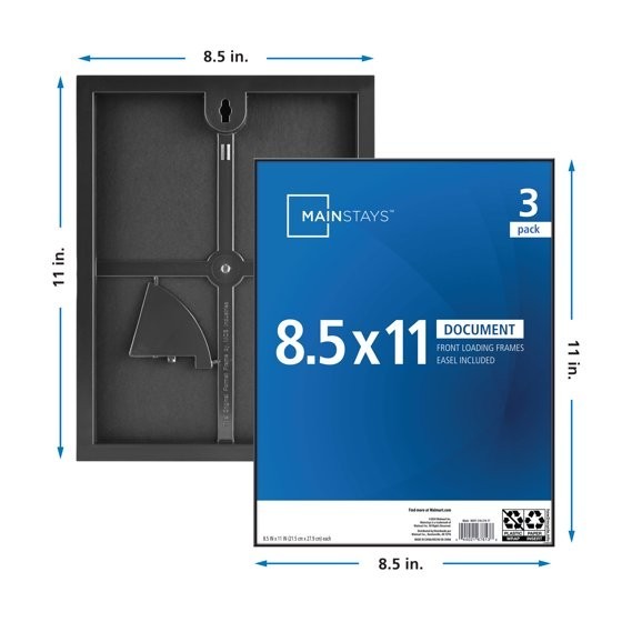 8.5×11 Front Loading Document Picture Frame, Black, Set of 3