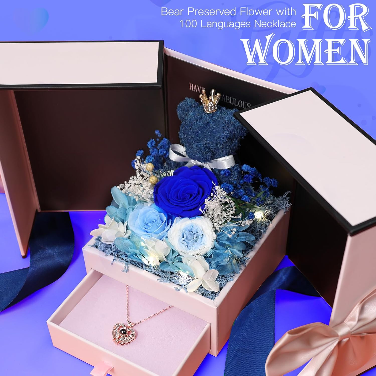 Valentines Day Gifts for Her Preserved Real Rose with Necklace Eternal Roses Box