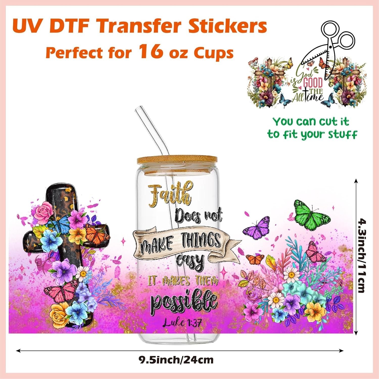 UV DTF Cup Wraps for Glass Cups 16 oz, 10 Sheets Cup Rub on Transfers for Cra
