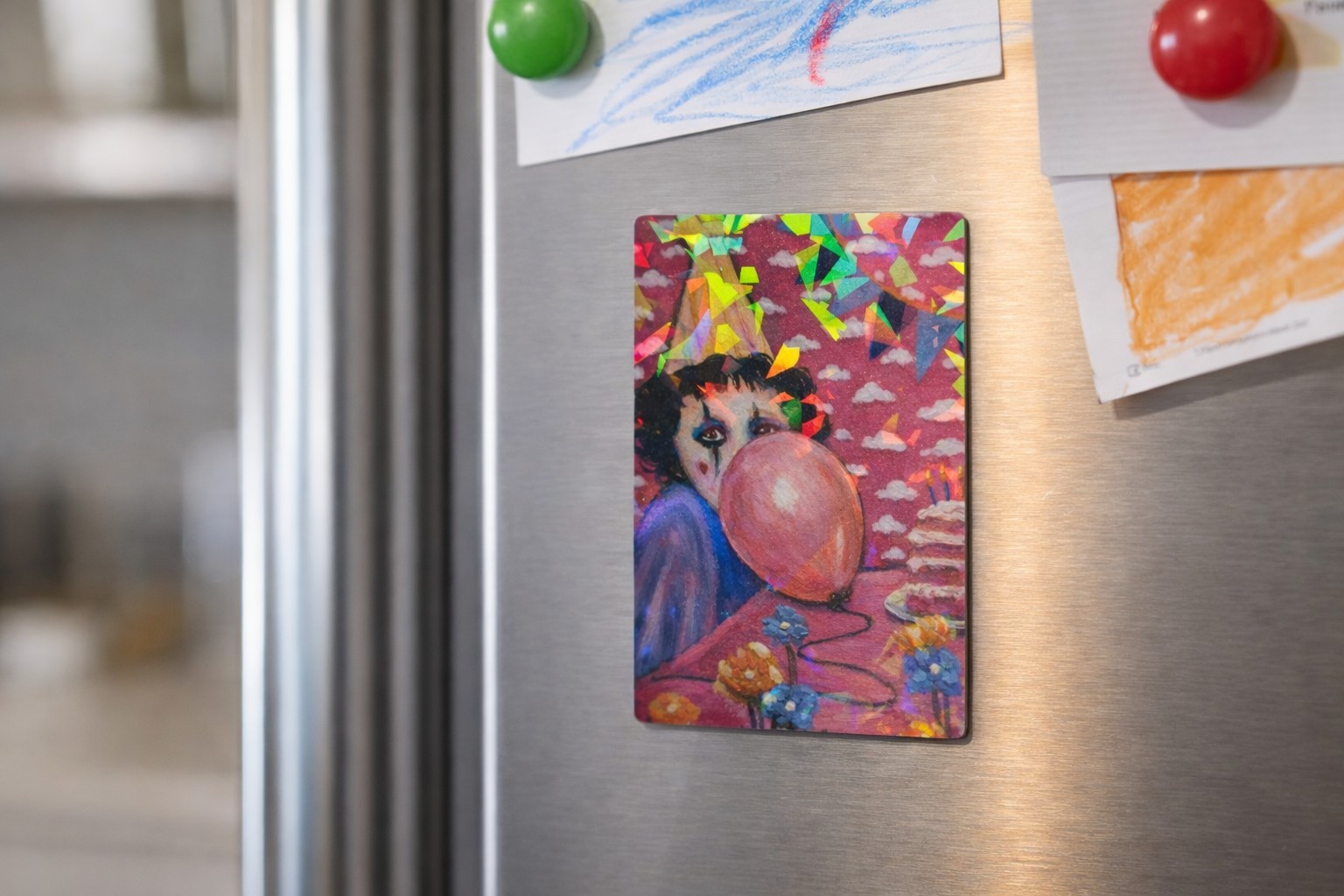 Original Art Fridge Magnet Mini Clown Print Birthday Holographic 2.1×3.15