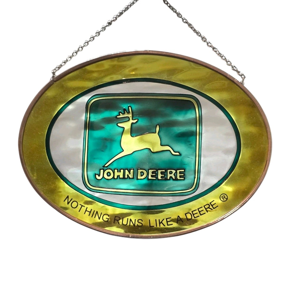 Vintage John Deere Tractor Farm Equipment Sun Catcher Glass Oval Hanging 7″ X 5″