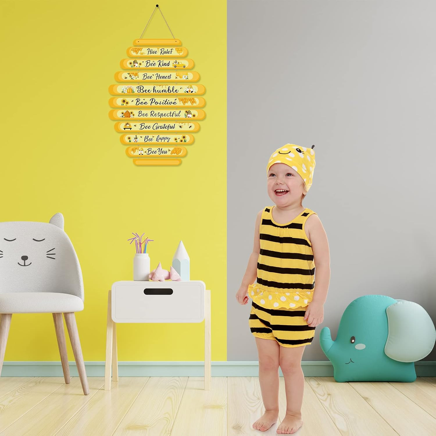 Bee Hive Rules Sign Wooden Bee Classroom Wall Decor Summer Inspirational Dais…