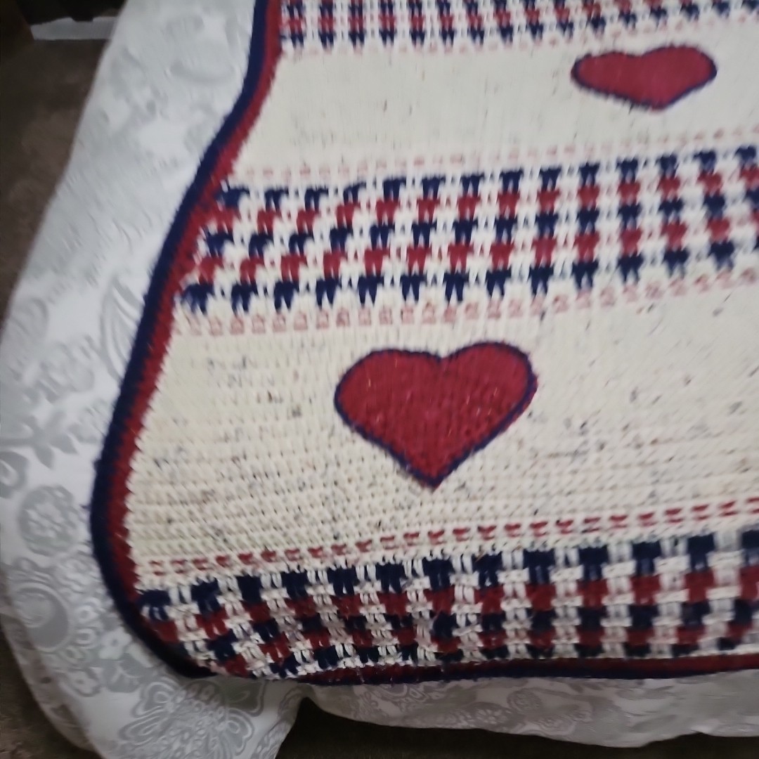 Afghan Handmade Crocheted Red White & Blue Approx 63″ X 80″ Read Description.
