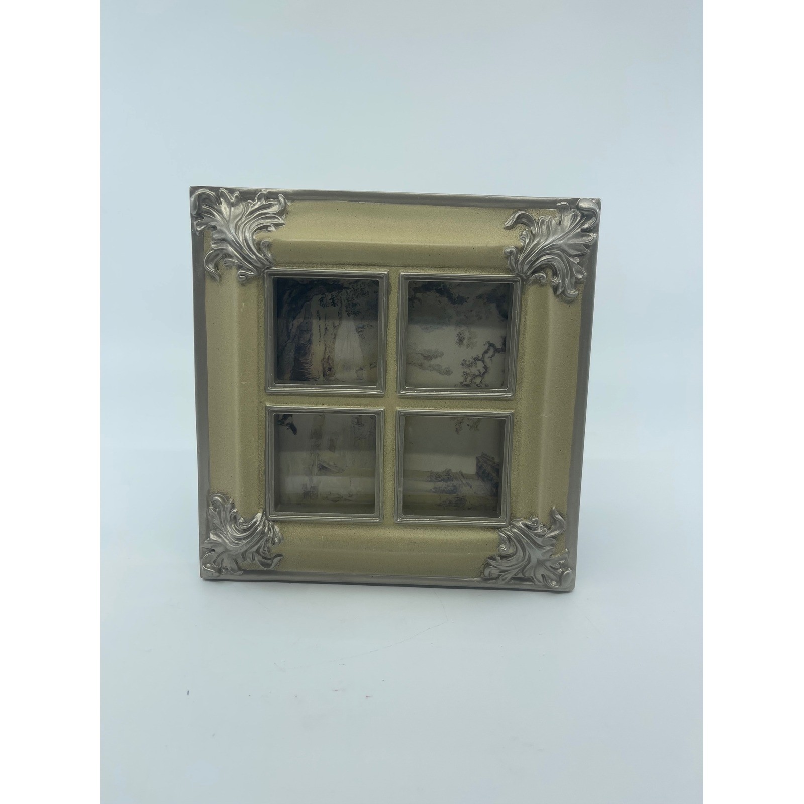Multi Photo Frame Ornate Scrollwork Cream Silver Tabletop Display 1.5×1.5″