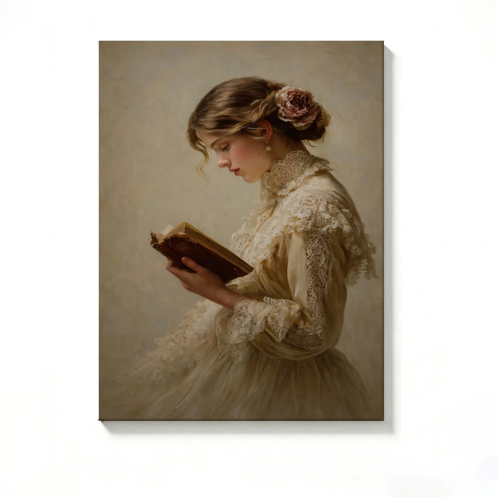 Vintage Lady Reading Canvas Painting 2DFlat Frameless Wall Art Home Office Decor