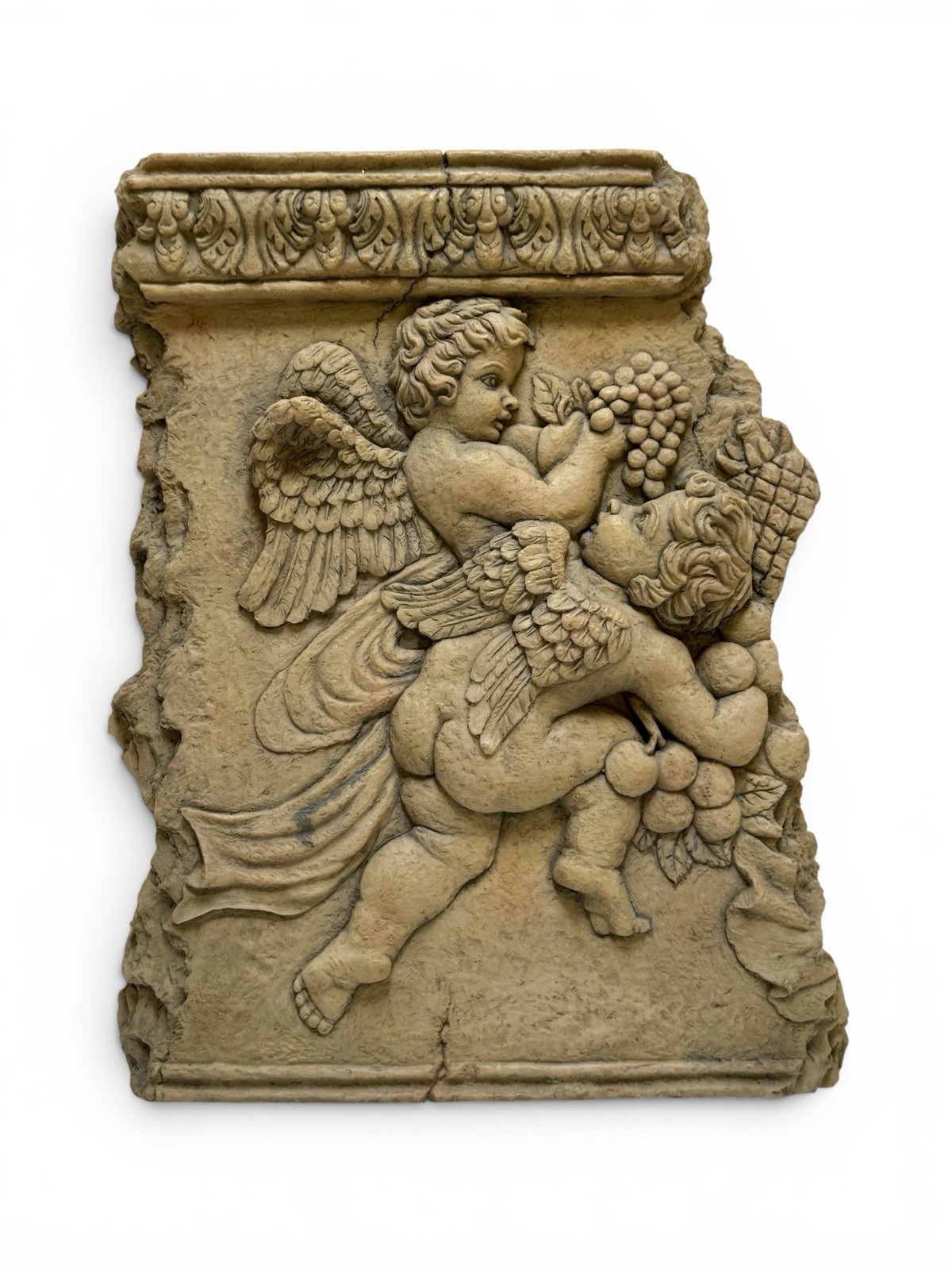 Vintage French Baroque Style Cherub Angel Wall Plaque Putti Relief Grapes Decor