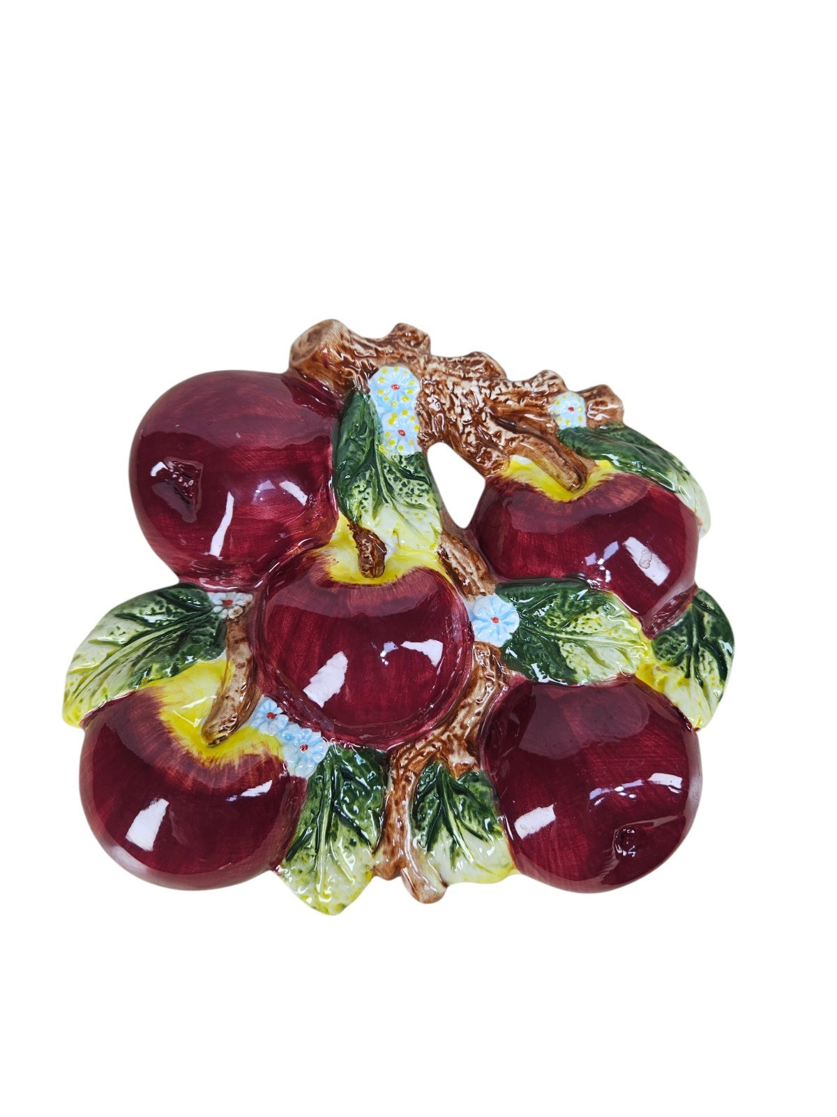 Vintage Hand-Painted Ceramic Apple Cluster Wall Plaque Country Kitchen Decor