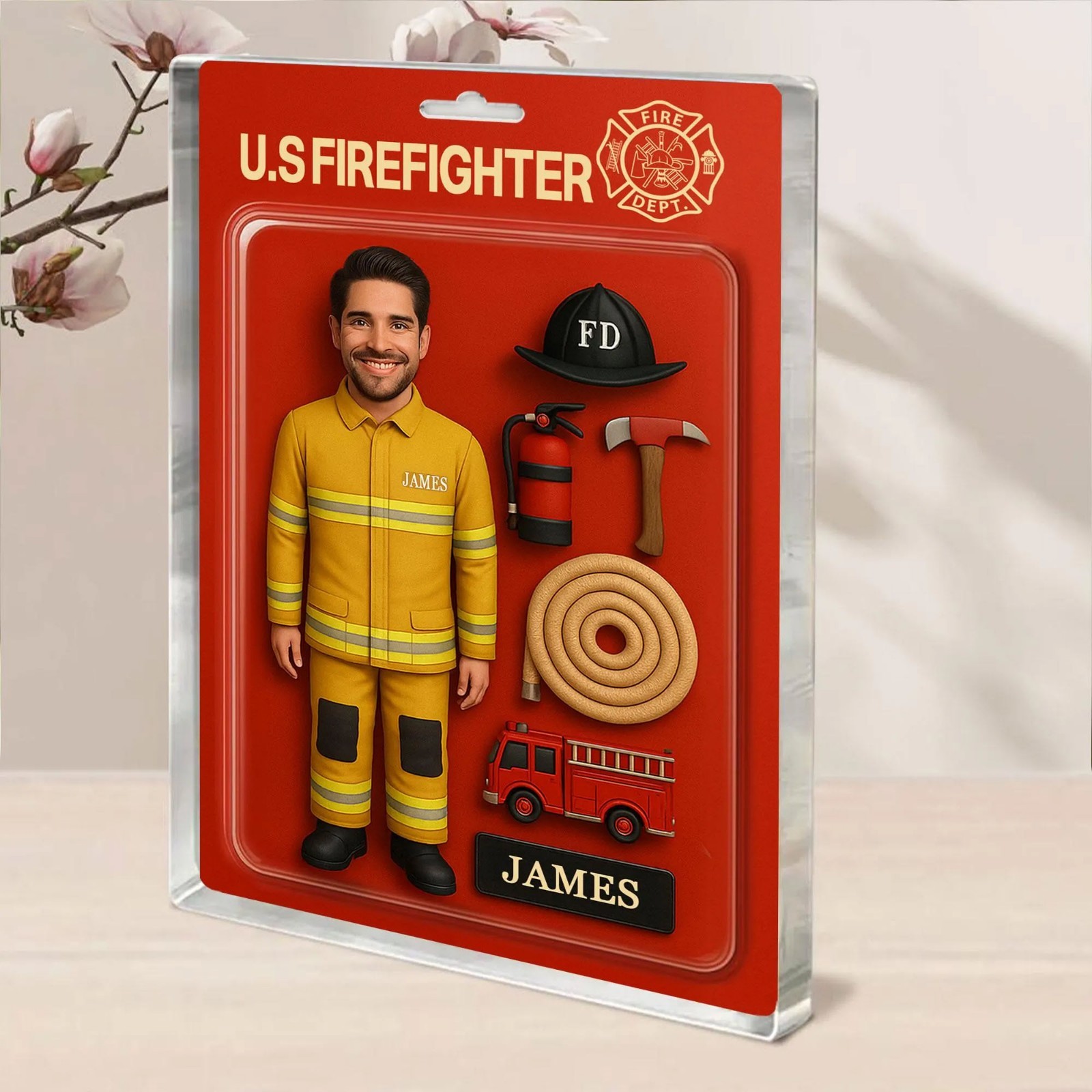 Custom Firefighter Acrylic Block Plaque Action Figure Dad Retirement Gift