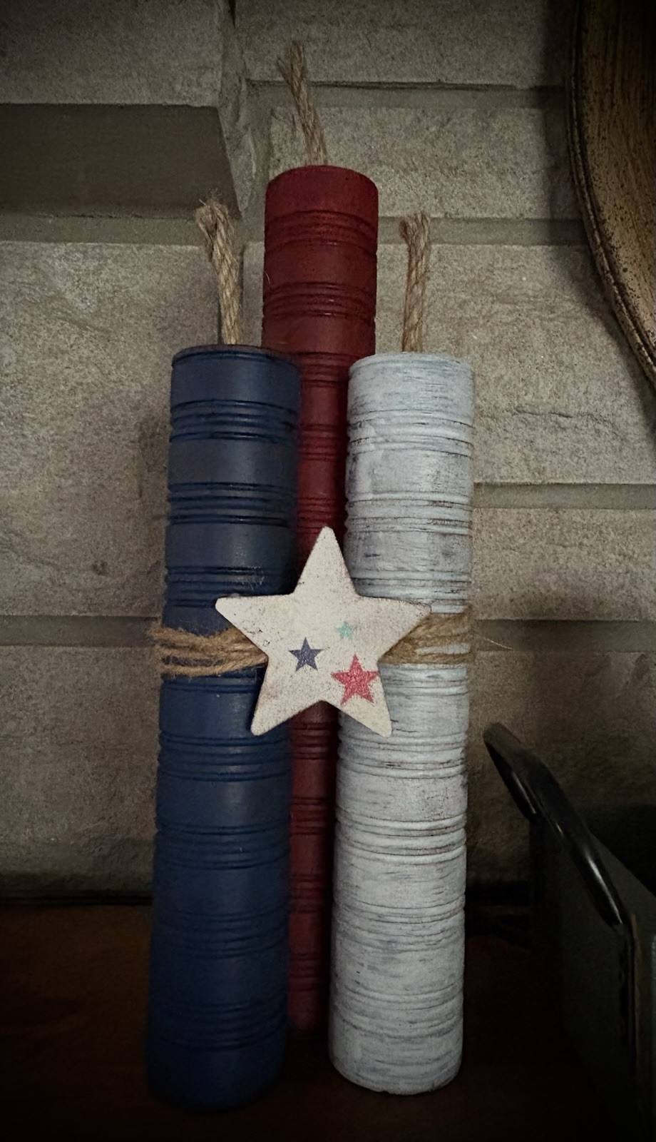 Red, white & blue wooden spindle fireworks decor 12” tall
