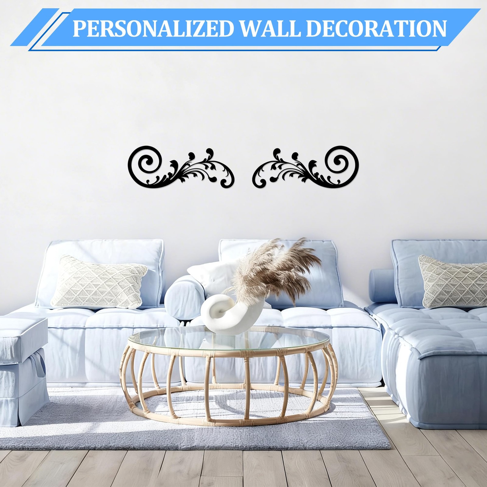2PC Black Wrought Iron Horizontal Scroll Wall Medallion for Home